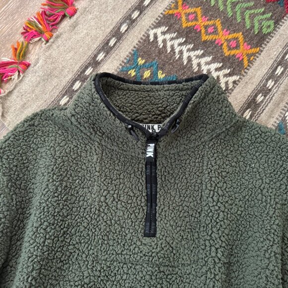 PINK Victoria's Secret Sherpa Pullover 3/4 Zip Jacket L EUC Forest Green - Picture 3 of 7